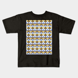 Blue, Yellow, and Brown Bubble Flowers Seamless Pattern 1970s Inspired Kids T-Shirt